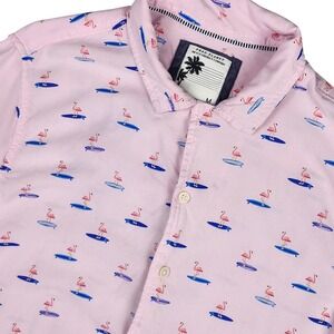 Free Planet Button Up Shirt Mens Medium Pink Flamingo Surfboard Print Hawaiian